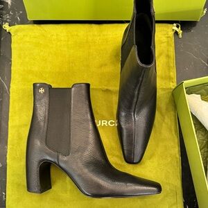New Tory Burch Black Leather Pointed Chelsea Booties with Block Heel 8.5